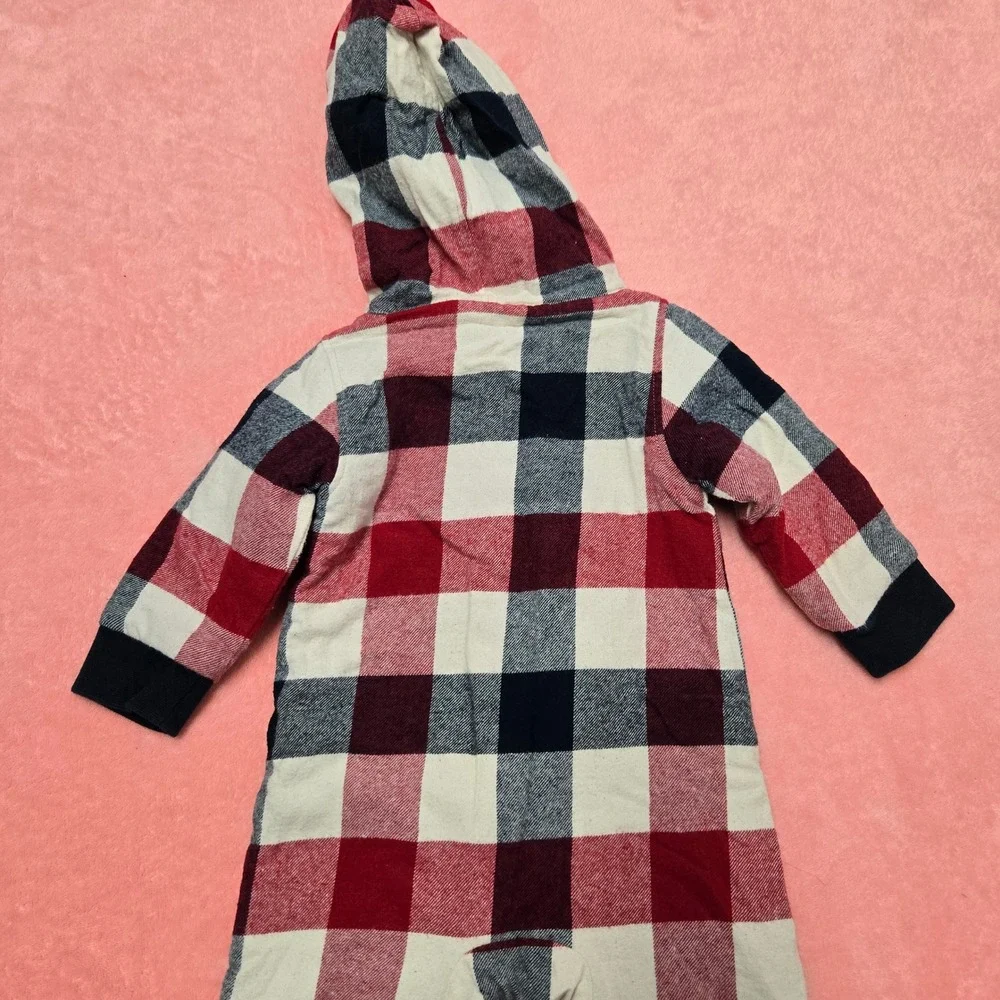 Kith Kids Plaid Hooded Onepiece Romper Jumpsuit Red Cream Blue Size 3-6 Months